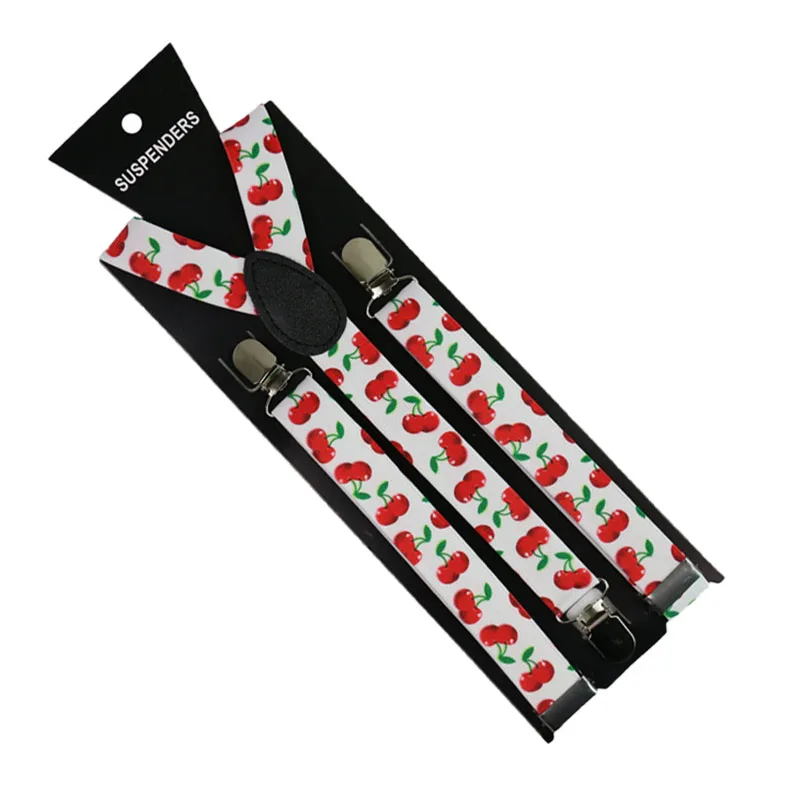 Winfox Fashion White Red Cherry Print Men Women Suspenders Y-Back Braces Adjustable Elastic Suspenders