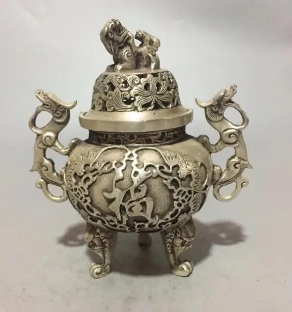 

Collectible archaize white copper lion lid Two dragons Incense burner