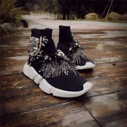 Crystal Socks Sneaker Black Women Rhinestone Casual Shoes Crystal Sneakers Lady Tassels Knitted High Top Ankle Boots