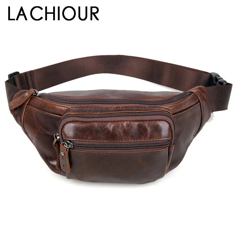 LACHIOUR Brand Men Genuine Leather Fanny Pack Bag for Phone Pouch Male Leather Messenger Bags Fanny Male Travel Waist Bag Men