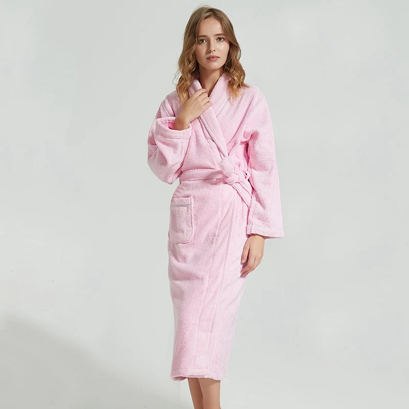 Winter Bademantel weiß dicke Robe lange Handtuch Fleece warme Femme Langarm Home Bademantel Bade mäntel Nachtwäsche Kimono Robe