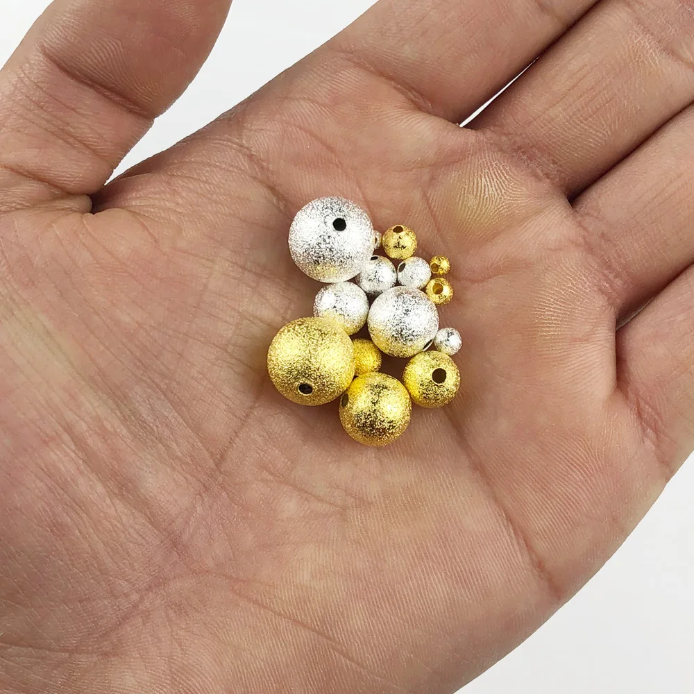 JHNBY Gold Plated Matte Metal bead 3/4/6/8/10MM Charms Round Copper Spacer Loose beads for Jewelry bracelet necklace making DIY