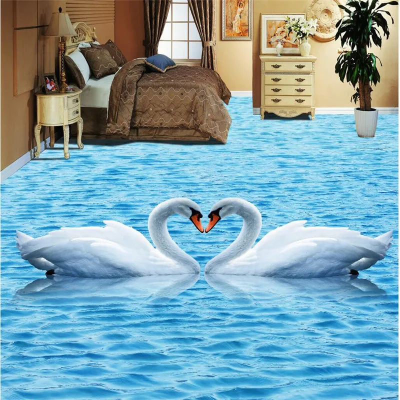 beibehang Floor painting HD blue water ripples swan Waterproof Bathroom kitchen balcony PVC Wall paper Self floor mural 3D wall