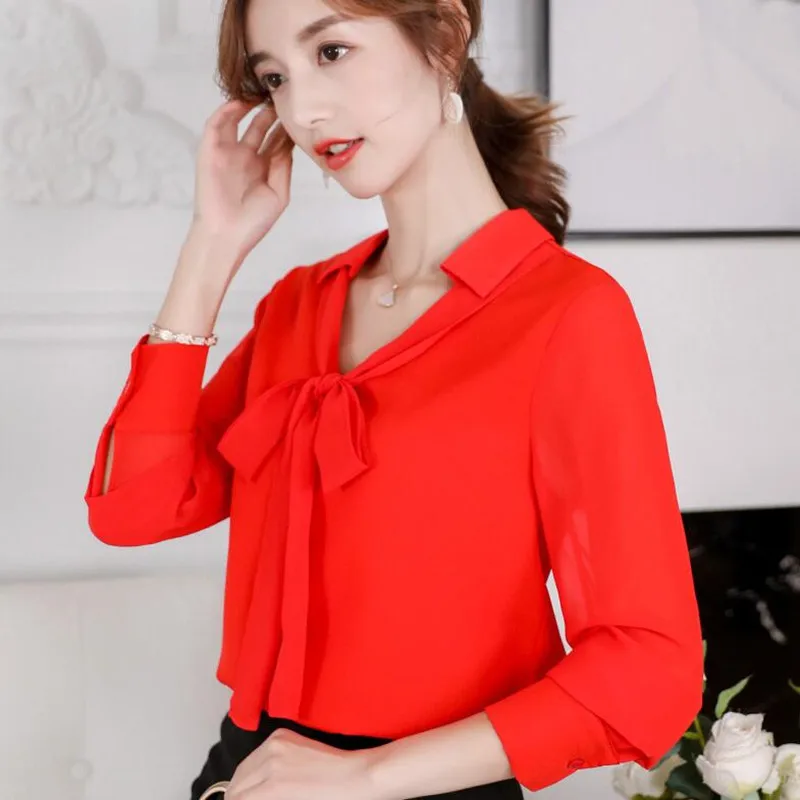 Women's Leisure Bottom Shirt Spring Summer Long Sleeve Pure Color Blouses Female New Korean Fashion Casual Bowknot Top H9070