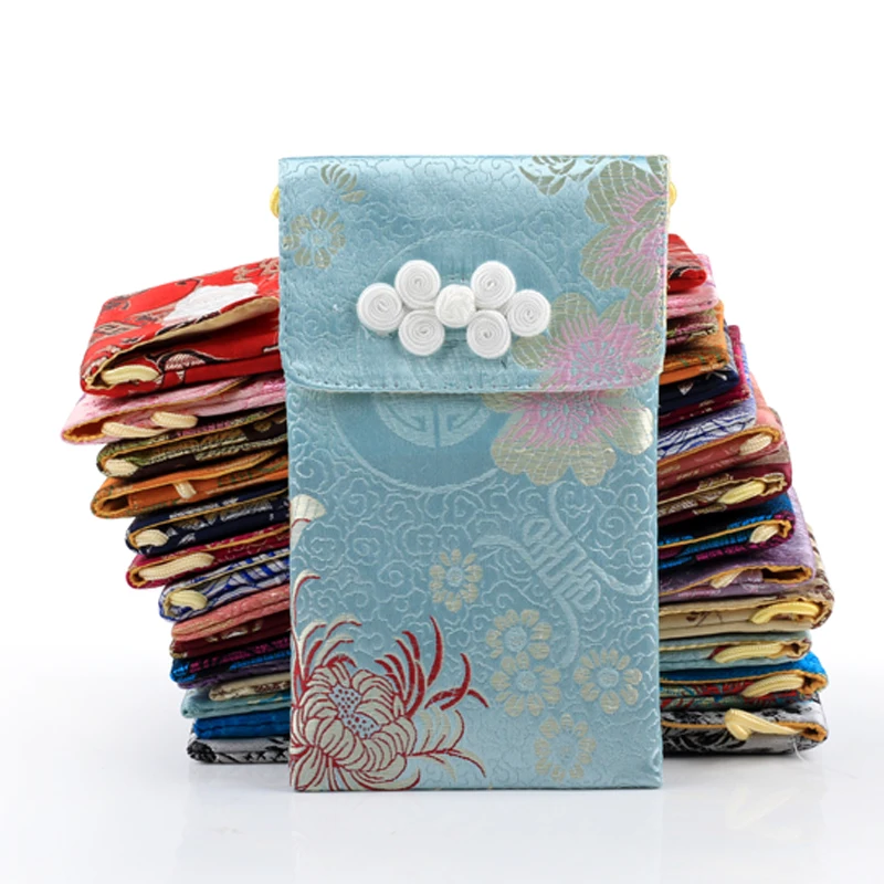 

Handmade Chinese knot Cloth Glasses Pouch Silk Brocade Universal Cell Phone Bags with Strap Jewelry Storage Cases for Necklaces