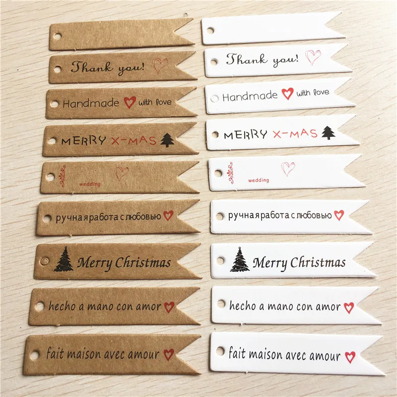 

1000Pcs/Lot Bookmark Shaped Paper Card Head Label Tags Print Merry Christmas Thank You Handmade With Love For Wedding 7x1.5cm