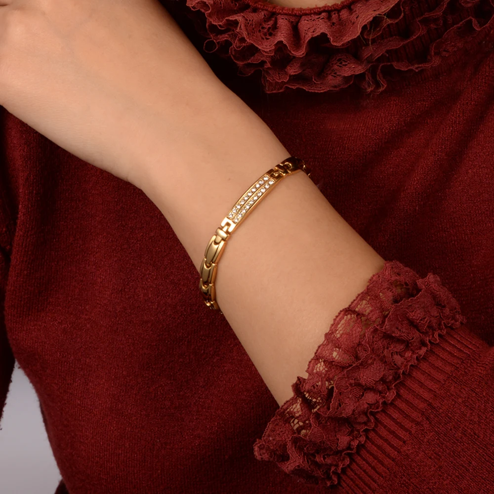 Vinterly Energy Magnetic Bracelets for Women Gold Color Crystal Chain Link Bracelets Stainless Steel Germanium ID Bracelet Femme