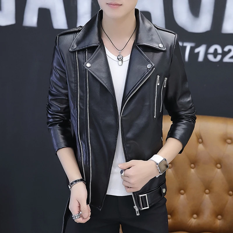 HOO 2023 new   cultivate one's morality Young handsome leather fashion leather jacket lapels fashion