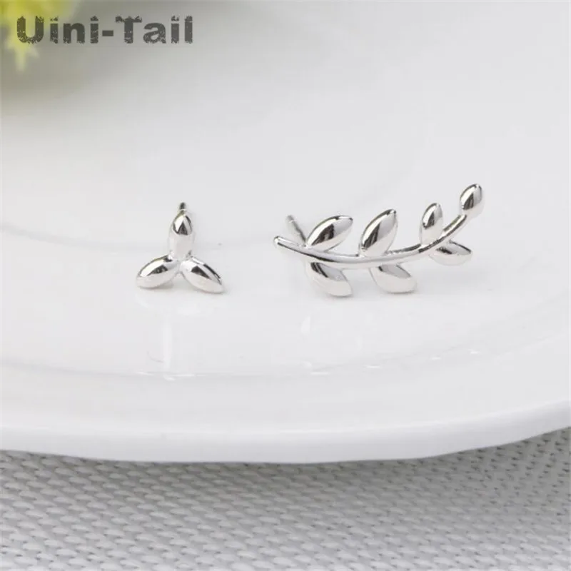 Uini-Tail new 925 Tibetan silver asymmetric olive leaf olive branch earrings literary temperament earrings hypoallergenic ED129