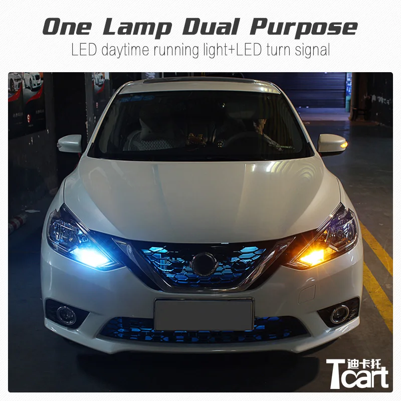 Tcart led drl lights 1156 PY21W For Nissan sentra b17 2012 2015 2018 daytime running light with turn lights car Accessories