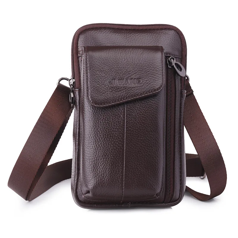 Men Genuine Leather Shoulder Small Messenger Fanny Bags Purse Fashion Cross Body Belt Pack Male Hook Cell Phone Case Waist Bag