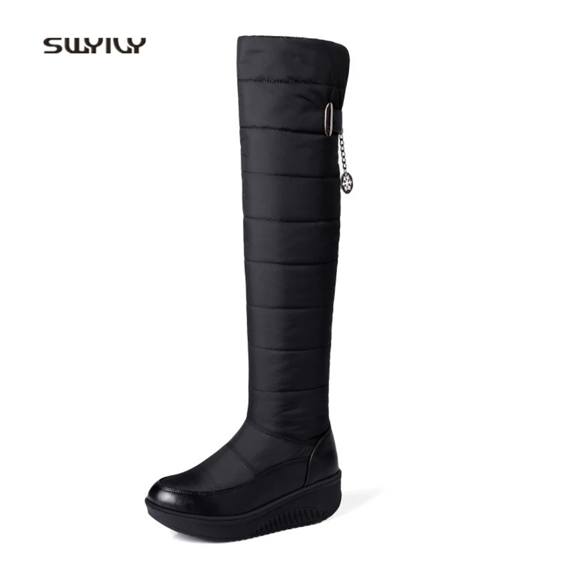 

SWYIVY Women Toning Shoes Wedge Plus Velvet Warm Snow Boots 2018 Non-slip Knee-high Boots Female Swing Shoes Height Increasing