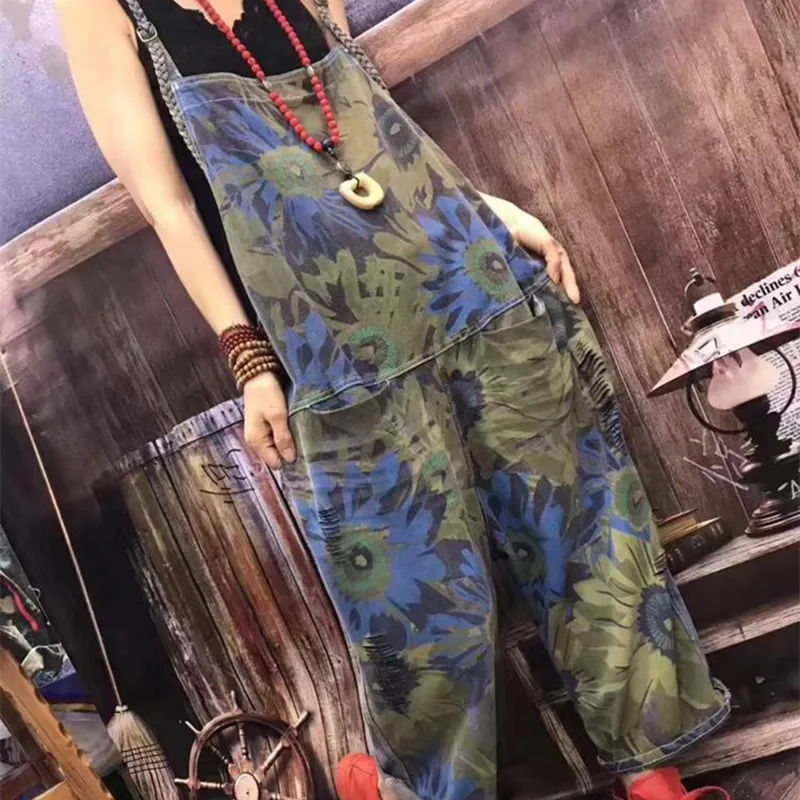 Free Shipping 2021 New Fashion Ladies Overalls Harem Pants Flower Printed  Cotton Loose Jumpsuits And Rompers Plus Size Pants