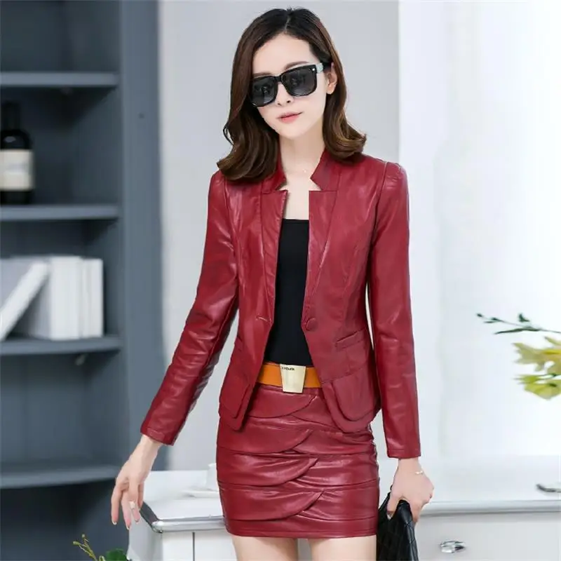 Spring new Korean female short paragraph Slim leather jacket women\'s PU leather jacket Women\'s skirt   TB141