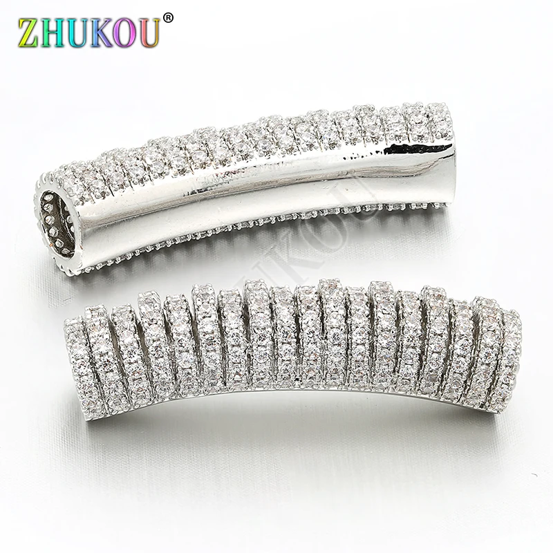8*33mm Brass Cubic Zirconia Long Curved Tube Spacer Beads DIY Jewelry Bracelet Necklace Making, Hole: 5mm, Model: VW7