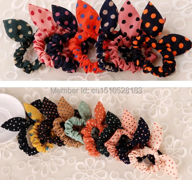 Free shipping!50pcs/lot Fashion Hair Ropes Polka Dots Rabbit Ear Headband Bows Hair Bands Tie Ponytail Holder Hair Accessories