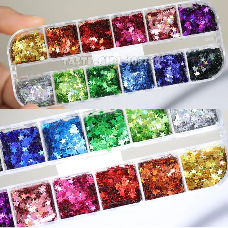 12 Grids/Set High Quality 12 Colors Mix 3 Sizes Glitter Holographic Pentagram Stars Sequin Nail Art Paillette Decals DIY CT14