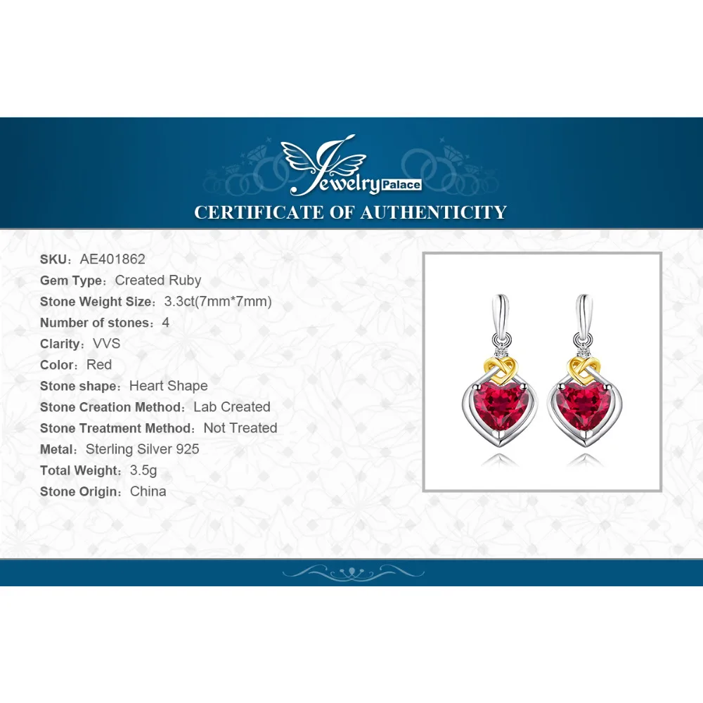 JewelryPalace Love Knot Heart Created Red Ruby 925 Sterling Silver Dangle Drop Earrings for Women Fashion Gold Gemstone Jewelry