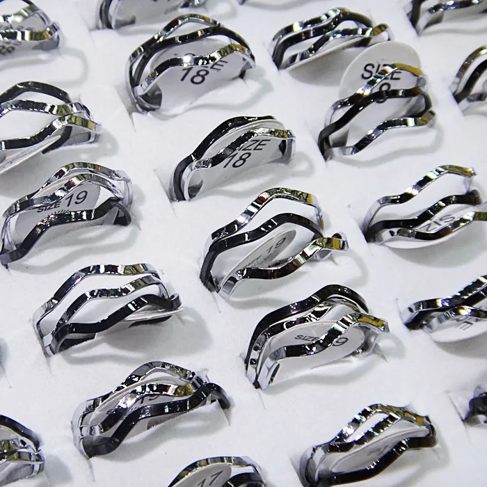 A-468  Fashion Wholesale Jewelry Lots 50pairs Stainless steel Black with Silver  3 in 1 Waves Rings