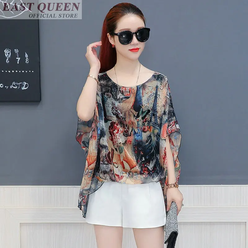 Women summer blouse 2018 feminine shirts spliced fashion o-neck short batwing sleeve floral print chiffon blouse tops DD594 L