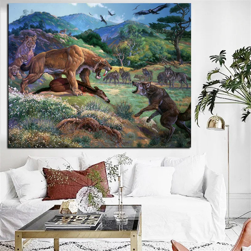 Print Saber Tooth Tiger with Wolf Eagle Oil Painting on Canvas Modern Landscape Wall Picture for Living Room Sofa Cuadros Decor