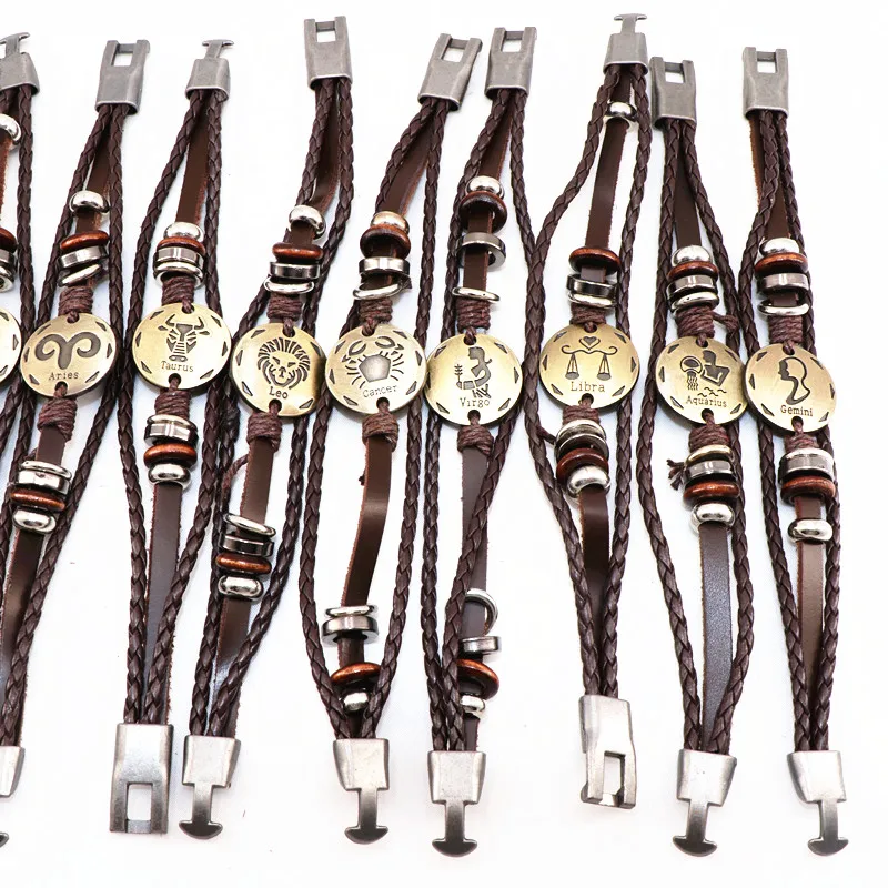 Wholesale 36pcs/lot Twelve Constellations Leather Bracelet Retro Brown MultiLayer Buckle Punk Woven Zodiac Bangle For Men Wome