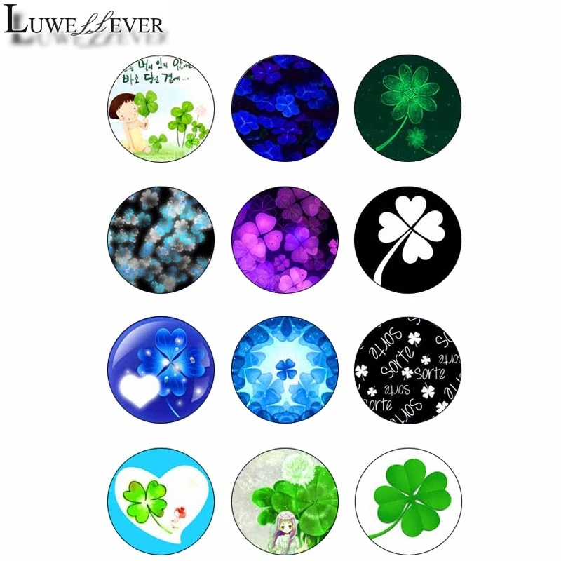 10mm 14mm 16mm 12mm 20mm 25mm 339 12pcs/lot Clover Mix Round Glass Cabochons Jewelry Findings 18mm Snap Button Charm Bracelet