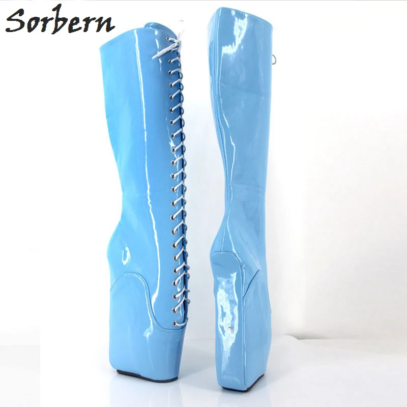 Sorbern Lace Up Cross-tie Boots Sex Fetish Shoes Custom Knee High Boots For Women 18CM Super High Heel Wedges Ballet Boots Women