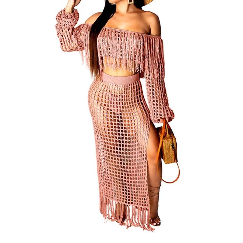 

Women's Set Hollow Out Fishnet Tassel Knitted Two piece Set Summer Beach Dress Off Shoulder Lantern Sleeve Crop Top + Maxi Skirt