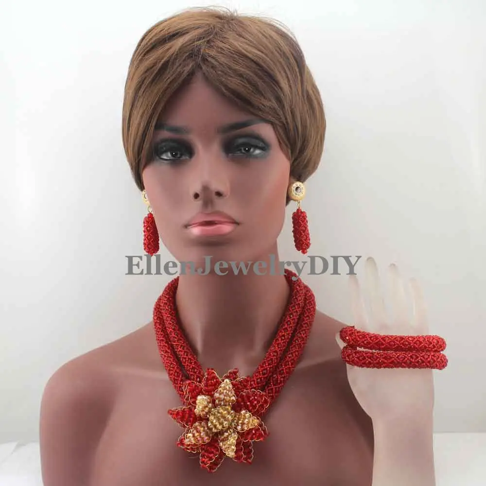 2019 african beads jewelry set Necklace Set Handmade Flower Pendant Nigerian Wedding beads Jewelry Set  W13283