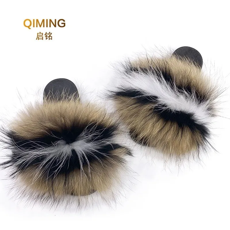 Women Raccoon Fur Slippers Outdoor Furry Slipper Fluffy Indoor House Fashion Summer Color Flip Flops flat shoes Woman Sandals