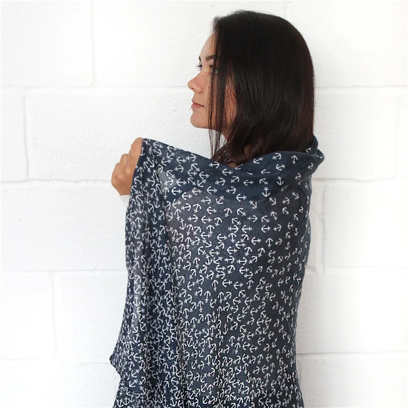 Jinjin.QC Anchor Printed Fashion Women Scarf Blue and White Hijab Vintage Shawl Bandana Girl Bufanda Mujer Echarpe Foulard Femme