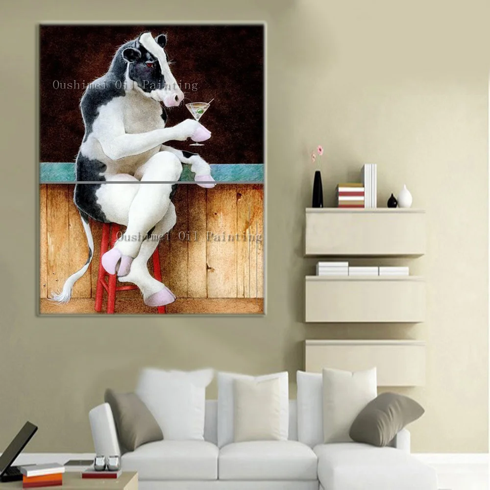 

Hand Paintd Drinking Cow Animals Oil Painting On Canvas Modern Paintings Hang Pictures Home Decor Bull Wall Painting For Room