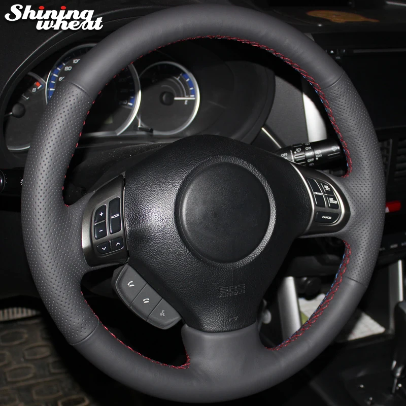 Shining wheat Black Genuine Leather Steering Wheel Cover for Subaru Forester 2008-2012 Impreza 2008-2011 Legacy 2008-2010 Exiga