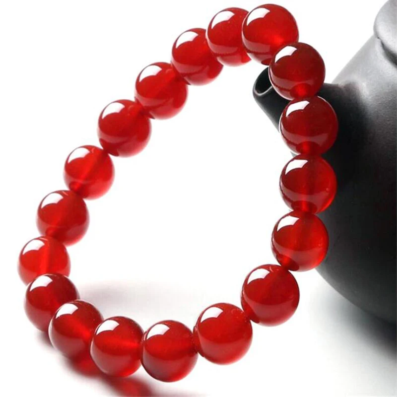 Sinya Natural Agate Round Beads Strand Bracelet for Man and Women High Luster Red or Black Optional