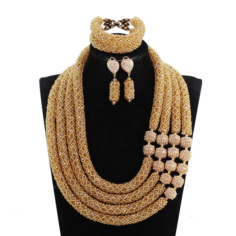 Luxury 23 inches Crystal Bridal Statement Necklace Set 4 Layers Champagne Gold Nigerian Wedding African Beads Jewelry SetsABH712