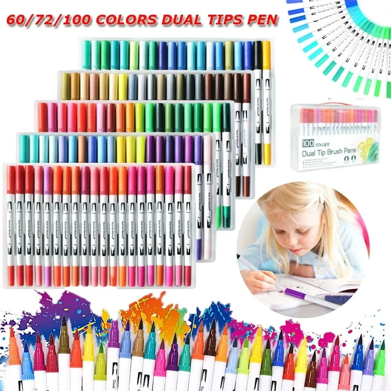 สีสัน Dual เคล็ดลับ 100 สี Fine แปรง Marker ปากกา 0.4 มิลลิเมตร Paintbrush สีน้ำหมึกปากกา Marker สำหรับวาดอุปกรณ์ศิลปะ