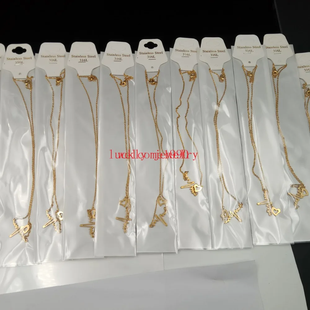 10pcs Lot in bulk Gold Necklace Heartbeat Rhythm with Dangling Stainless Steel Jewelry for women Girls