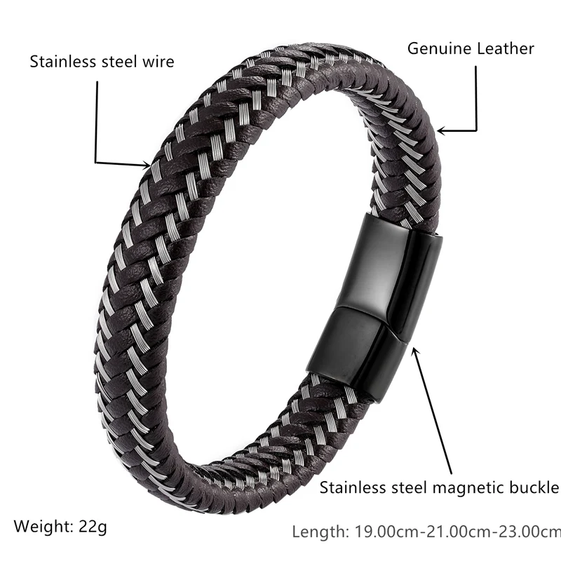 2019 New 12mm Casual Woven Leather Bracelet Men\'s Bracelet Ladies Stainless Steel Bracelet Black Brown Jewelry Gift 19/21/23cm