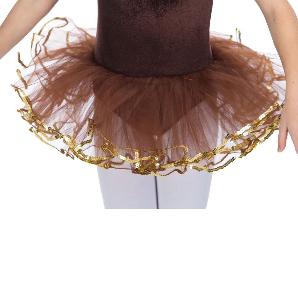 Tutu de danse en velours marron pour filles, robe de ballet à col haut, jupe en tulle souple, justaucorps en fibre, 4 couches