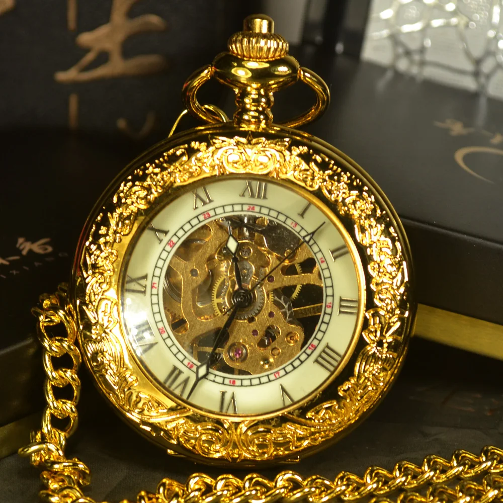 

TIEDAN Skeleton Mechanical Pocket Watch Men Steampunk Luxury Antique Chain Necklace Business Casual Pocket & Fob Watches Gold