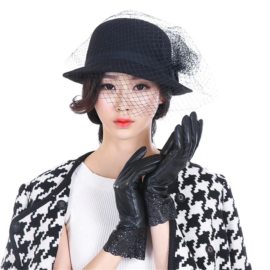 New Hot Ladies Genuine Leather Gloves Warm Winter Driving Sheepskin Mittens Black Thin Lining Silk Lining 4-5