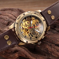 SHENHUA Male Clock Antique Bronze Case Wristwatch Steampunk Skeleton Men's Mechanical Watch Leather Band Relogio Masculino