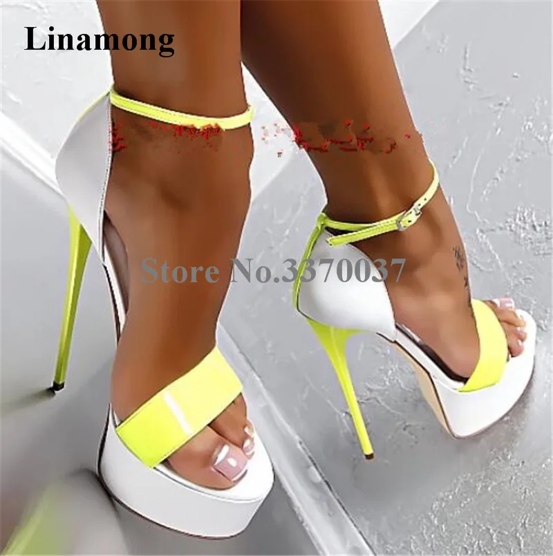 Women Sexy Fashion Open Toe One Strap Patent Leather High Platform Sandals Ankle Strap Super High Heel Sandals Evening Club Shoe