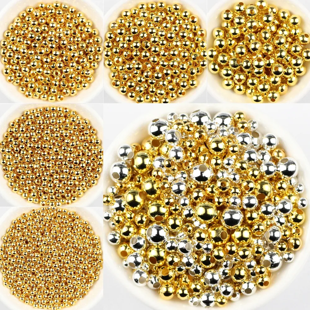 JHNBY cuentas de Metal chapadas en oro, espaciador de hierro redondo, cuentas sueltas para pulseras de joyería, fabricación de collares, accesorios de bricolaje, 2 MM, 3 MM, 4 MM, 5 MM, 6 MM, 8MM