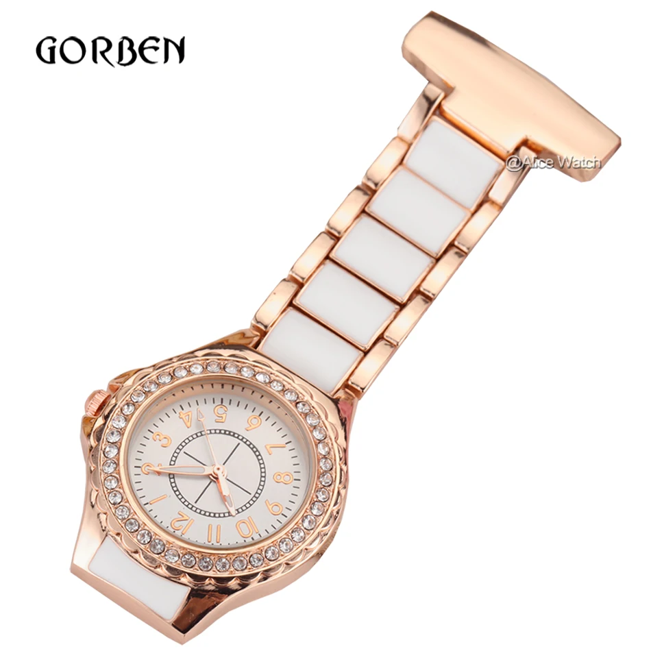 Luxo cristal rosa ouro enfermeira bolso relógio de moda clip-on enfermeira fob relógios feminino metal médico paramédico broche relógio 2020