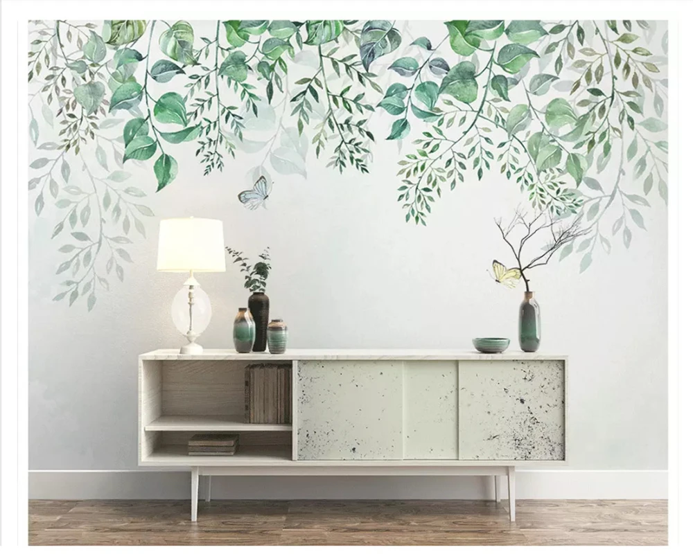 

beibehang Nordic fashion personalized decorative papel de parede 3d wallpaper hand-painted fresh leaves vine sofa TV background