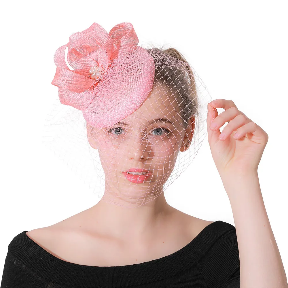 

Pink Bridal Fascinator Hats Women Hair Accessories Wedding Veils Ornaments Headpieces Linen Dance Party Hairpins New Style