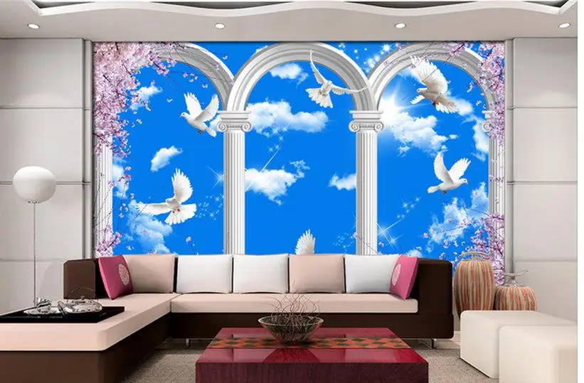 

Blue Sky Sky Sakura European Style Arch Pillar Three Pigeons Background Wall Home Decoration wall 3d wallpaper