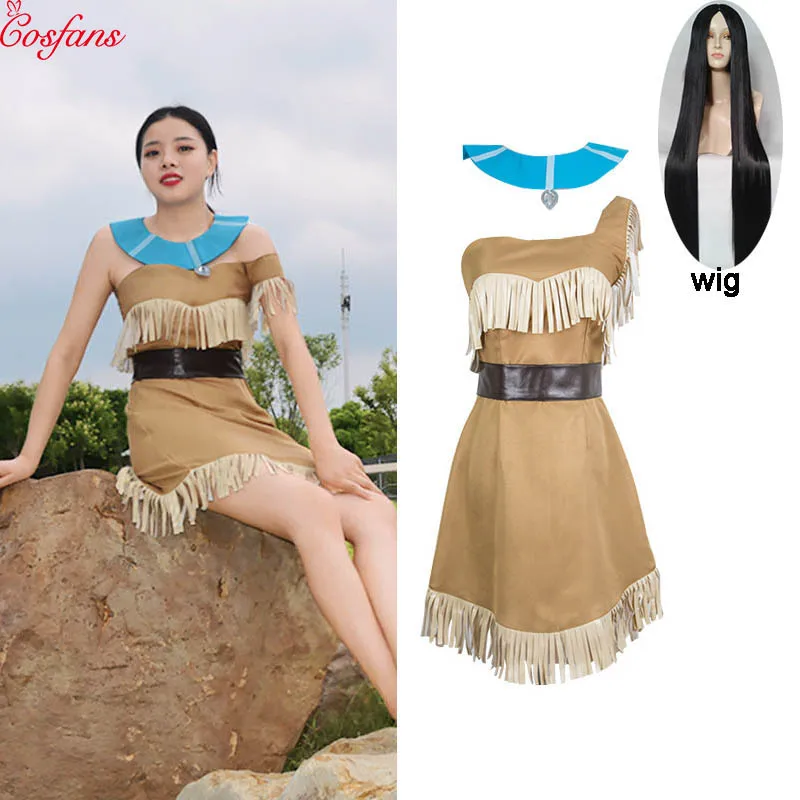 Girls Bueaty Princess Pocahontas Indian Cosplay Costume Halloween Outfit Adult Women gift  Dress Belt Necklace Full set and wig